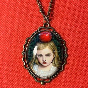 Blond Haired Girl with Red Apple on Head Filigree Bronze Tone Pendant Necklace